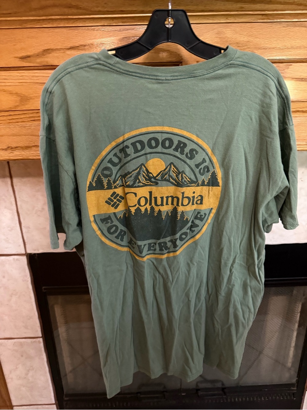 Columbia Men’s Sage Green Short Sleeve Tee with Yellow Outdoors Graphic